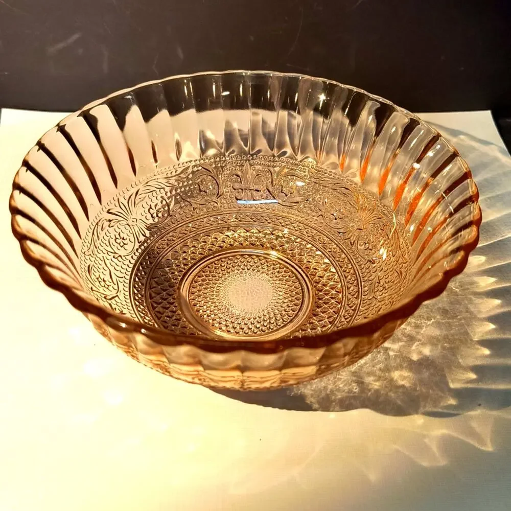 1042.  Vintage Pink Depression Glass Bowl Trellis Pattern